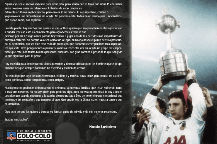 Marcelo Barticciotto le escribió una carta a sus compañeros para la final de Copa Libertadores | Imagen: CSD Colo Colo