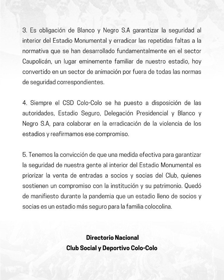 Comunicado del Club Social y Deportivo Colo Colo.(Foto: CSD Colo Colo)
