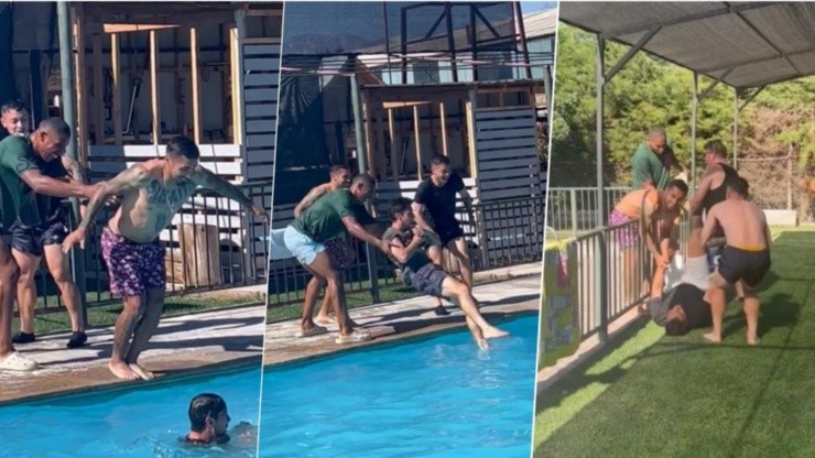 Jugadores de Colo Colo gozan de sus vacaciones haciéndose bromas en la piscina.