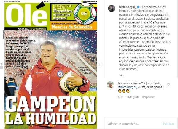 La publicación de Claudio Borghi en Instagram y el saludo de Emilio Hernández.