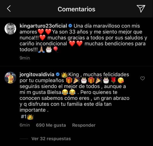 El saludo de Valdivia a Vidal en Instagram