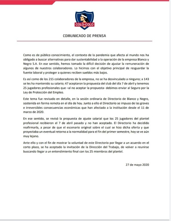 El comunicado entregado por Blanco y Negro donde confirman que volverán a negociar.