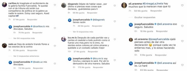 Algunos de los ataque a Fuenzalida en el su Instagram personal.