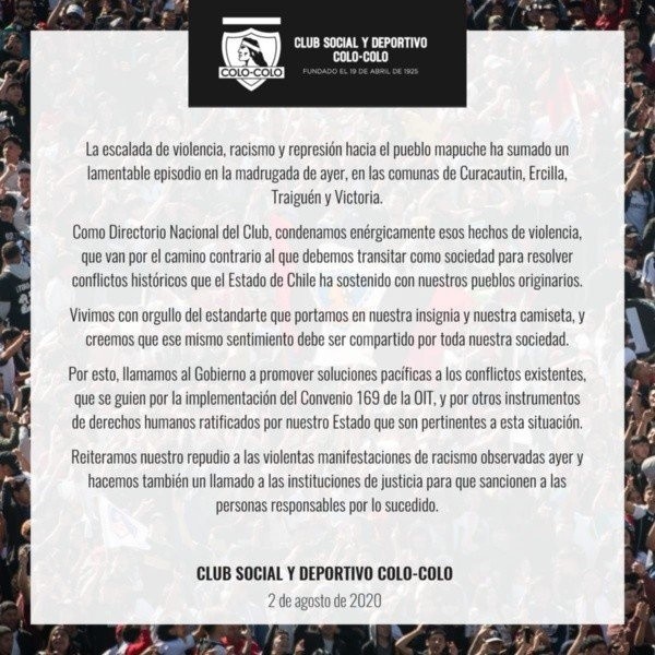 El comunicado del Club Social y Deportivo Colo Colo.