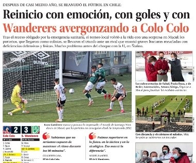 Portada de El Mercurio tras la caída sobre Wanderers Portada de El Mercurio tras la caída sobre Wanderers