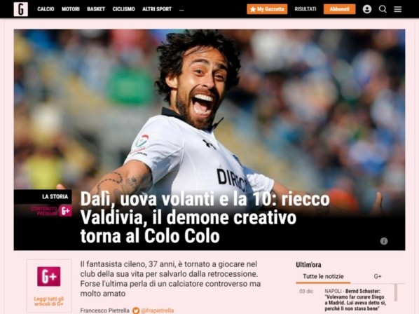 La Gazzetta dello Sport – Destacó el retorno de Valdivia | Foto: Captura