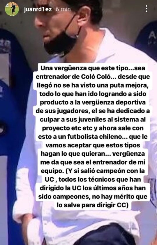 Juan Ramírez ex preparador físico de Colo Colo reaccionó en Instagram | Foto: captura