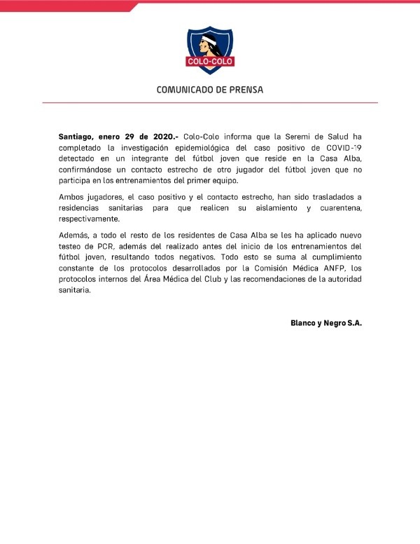 Comunicado entregado por Colo Colo