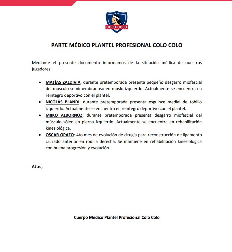 Parte médico de Colo Colo / FOTO: Colo Colo Oficial