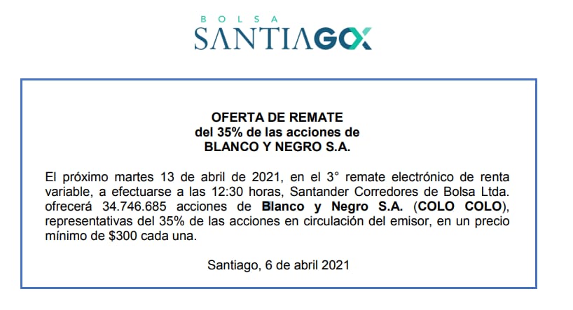 La Bolsa de Santiago ya anuncia el remate de acciones de Blanco y Negro | Foto: captura
