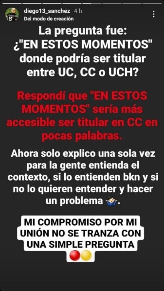 La respuesta de Diego Sánchez en su Instagram. | Foto: Captura.