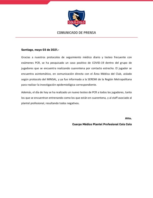 El comunicado del club que informa de un nuevo caso de coronavirus en el plantel/ FOTO: Colo Colo