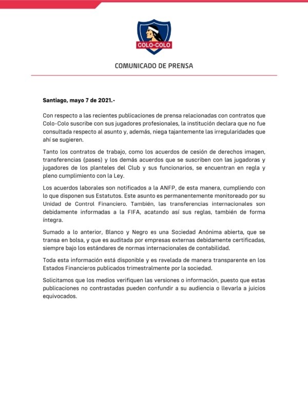 El comunicado de Colo Colo.