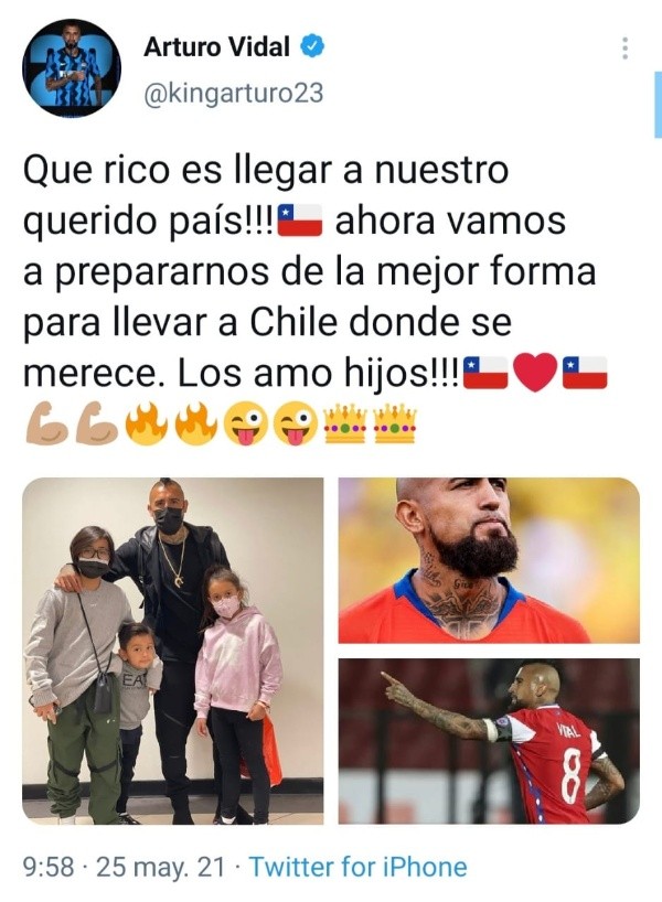 El mensaje de Arturo Vidal comentando su arribo a Chile.