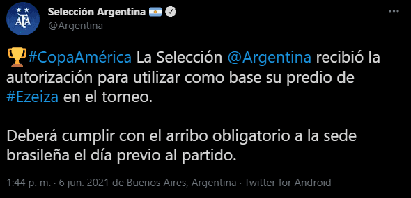 Argentina señaló que no concentrará en suelo brasileño. Fuente: Twitter Argentina.
