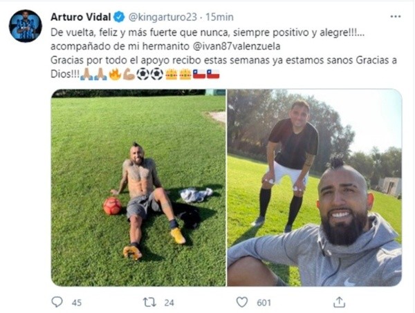 Arturo Vidal comparte imágenes de su recuperación en redes sociales.