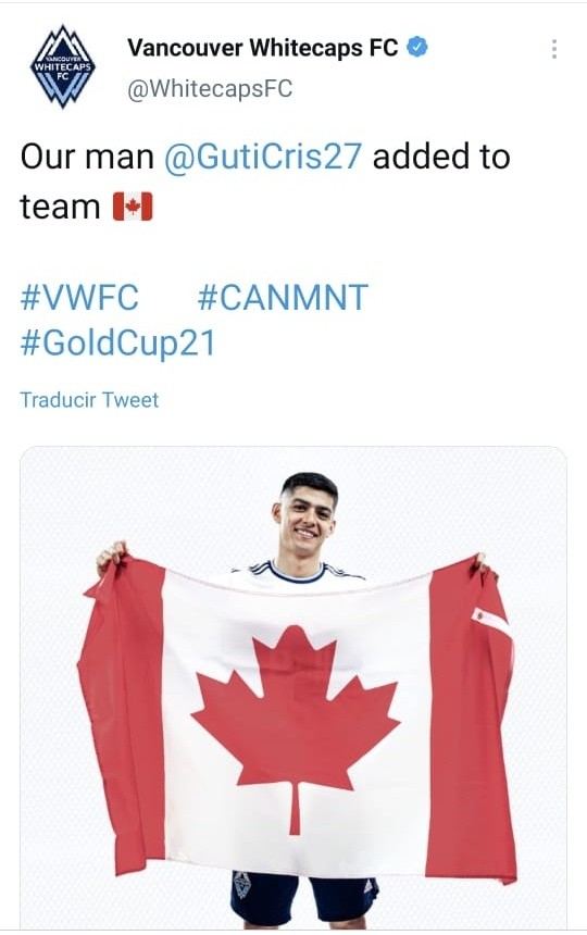 Vancouver Whitecaps confirmando la citación de Gutiérrez a la selección de Canadá.