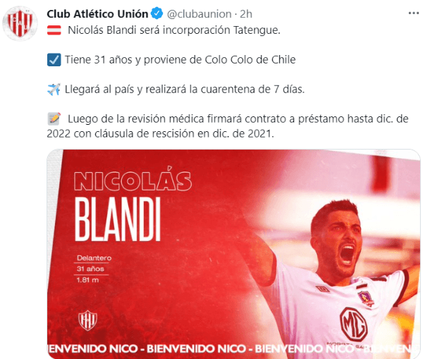 Las redes sociales de Unión de Santa Fe oficializaron a Blandi como nuevo refuerzo. | Foto: Captura.