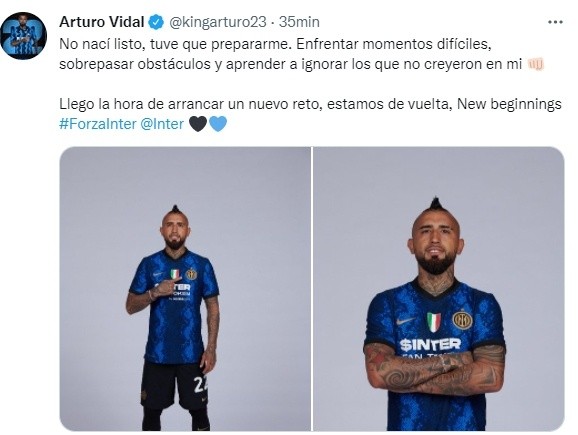 El mensaje de Arturo Vidal en su cuenta de Twitter.