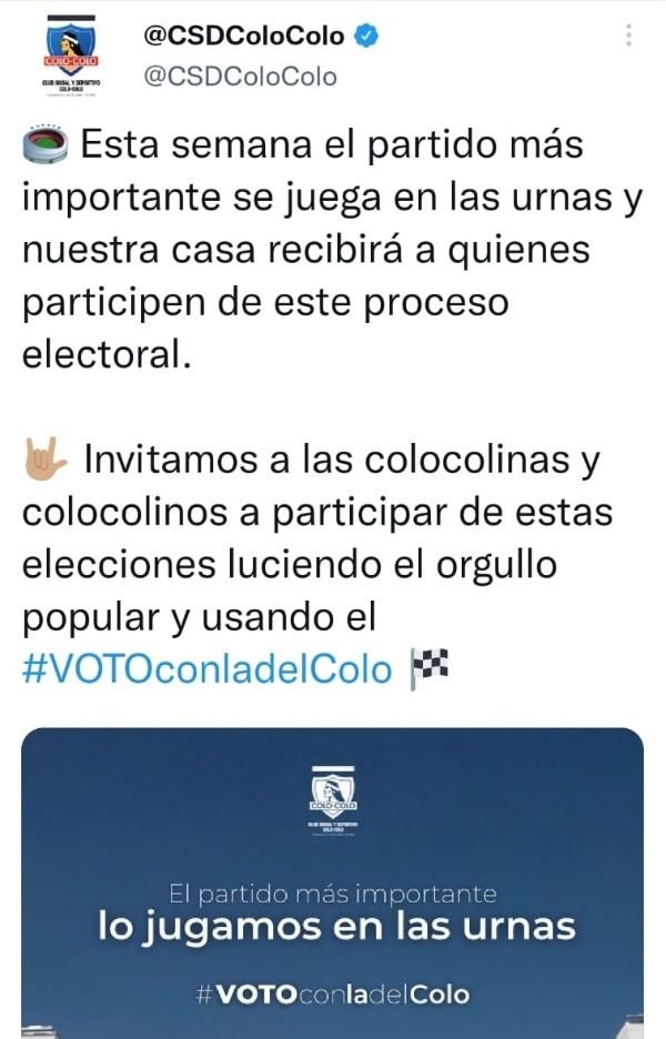 El llamado del Club Social y Deportivo Colo Colo a votar en estas elecciones / FOTO: Twitter