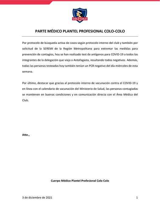 Colo Colo informó resultados de exámenes antes de viajar a Antofagasta.