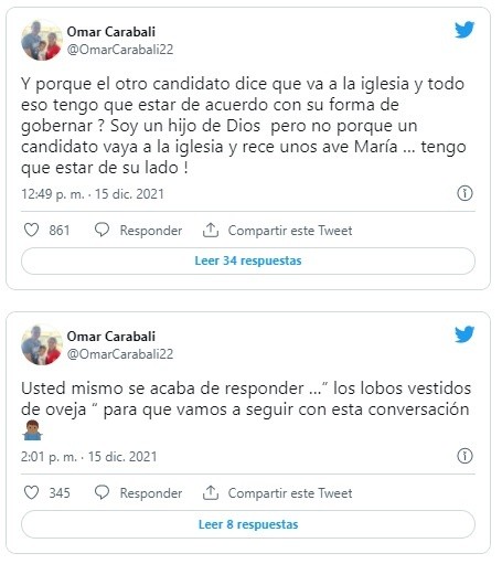 Los mensajes de Omar Carabalí en su Twitter personal. | Foto: Captura.