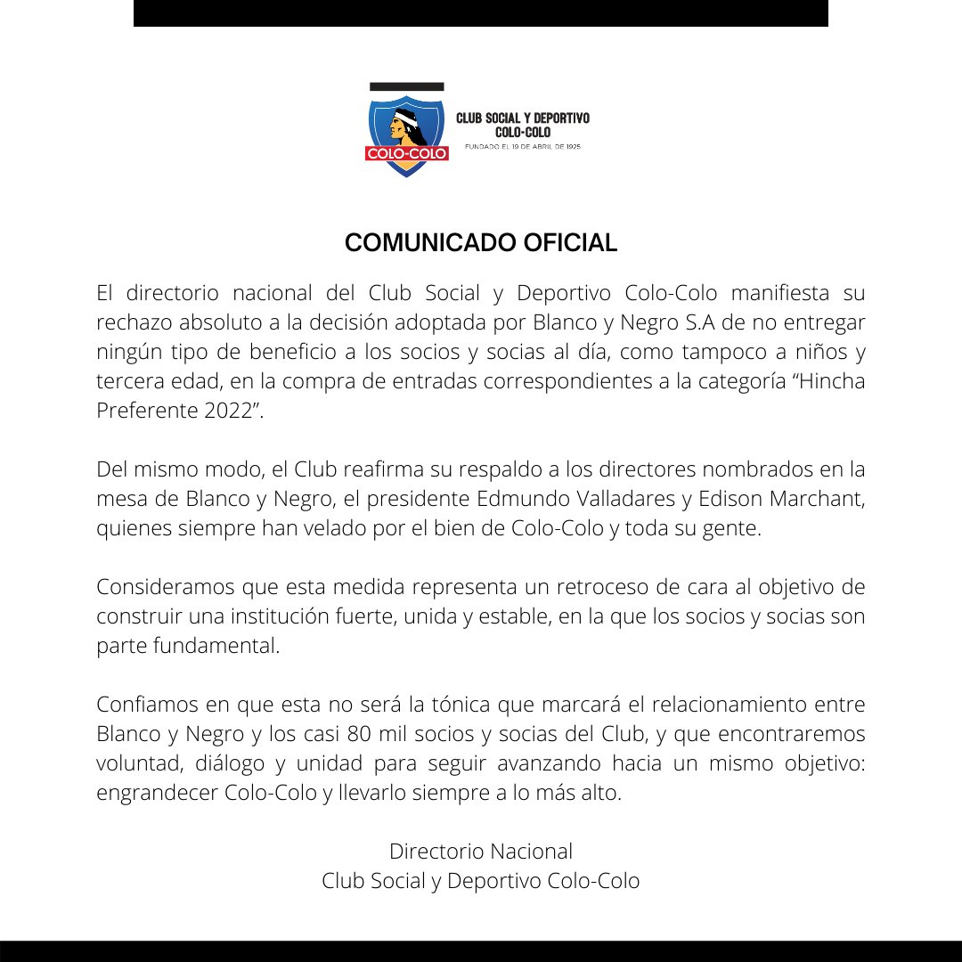 Comunicado oficial del CSD Colo Colo.