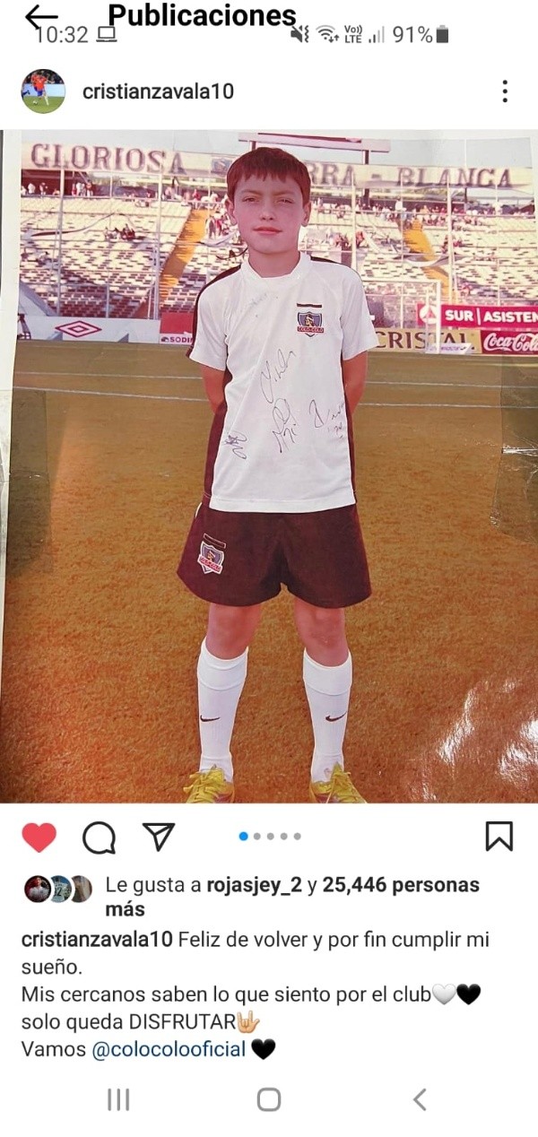 La publicación de Cristián Zavala con la camiseta de Colo Colo / FOTO: Instagram