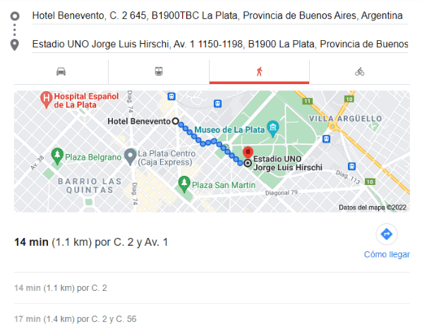 El Hotel Benevento está literalmente a pasos del estadio donde jugará el Cacique. | Foto: Captura Google Maps.
