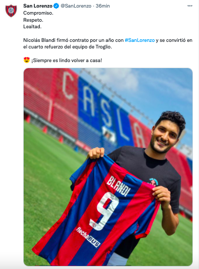 San Lorenzo anunció a Nicolás Blandi como su nuevo refuerzo / FOTO: San Lorenzo