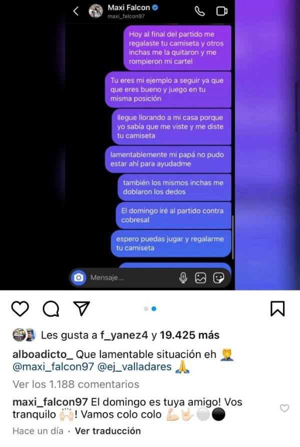 Maximiliano Falcón le prometió al joven asaltado que volverá a regalarle su camiseta. Fuente: Captura.