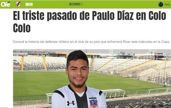 La publicación del diario Olé recordando el paso de Paulo Díaz por Colo Colo.