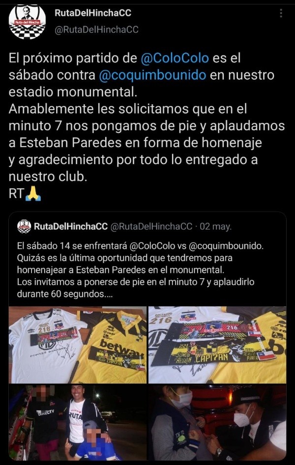 Ruta del Hincha llama a homenajear a Esteban Paredes. Imagen: Captura de pantalla