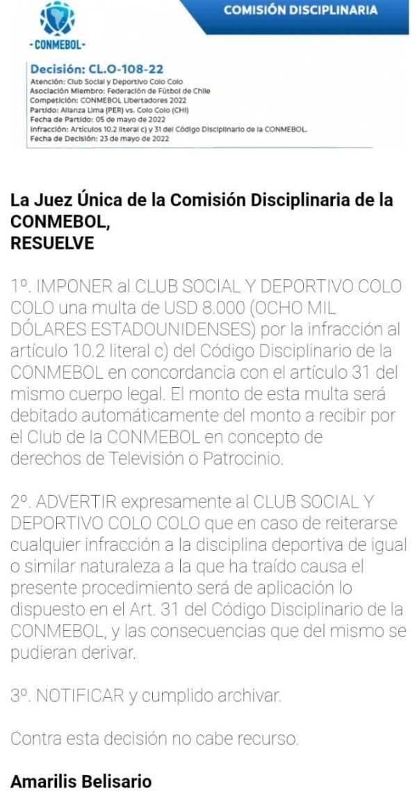 CONMEBOL sanciona nuevamente a Colo Colo.