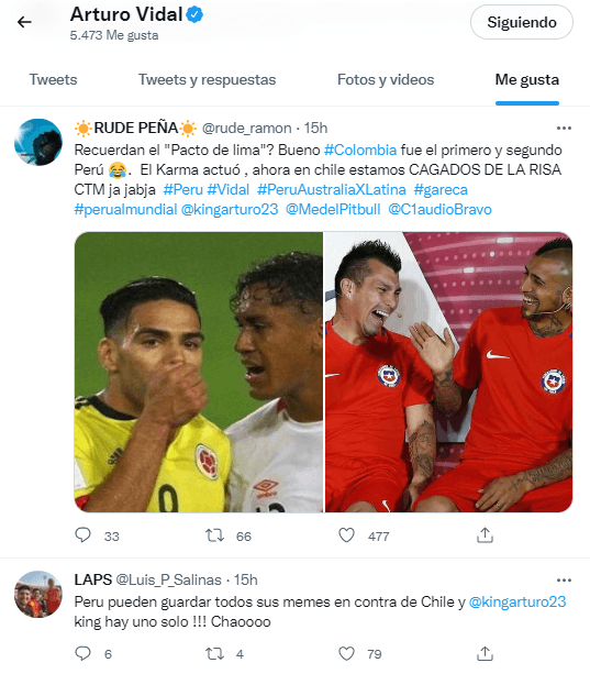 La sutil reacción de Vidal en Twitter. | Foto: Captura.