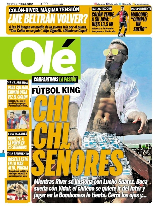 La portada que Olé le dedicó a Arturo Vidal. | Foto: Olé.
