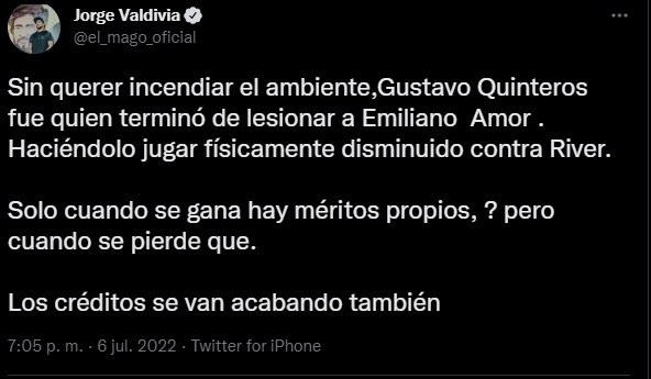 Jorge Valdivia lanza crítica a Gustavo Quinteros | Imagen: Captura de Pantalla