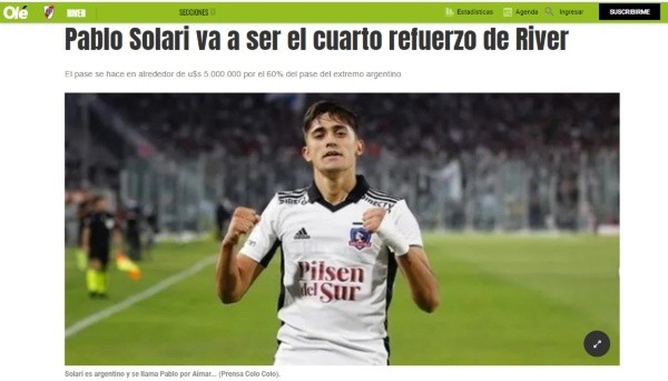 Olé también destacó el paso de Solari a River Plate. | Foto: Captura.
