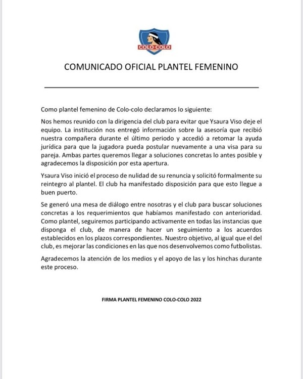 El comunicado del plantel femenino de Colo Colo.
