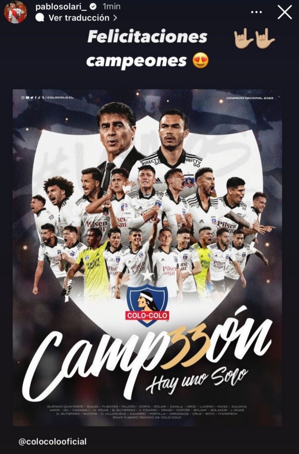 Pablo Solari también es considerado campeón con Colo Colo | Imagen: Captura