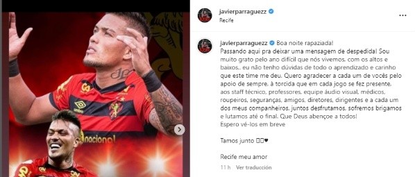 El mensaje de despedida de Javier Parraguez de Sport Recife | Imagen: Captura