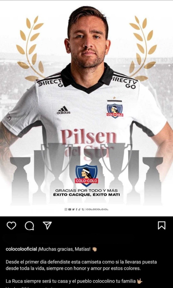 La despedida de Colo Colo a Matías Zaldivia | Imagen: Instagram