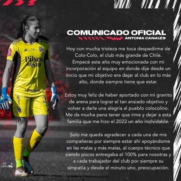Antonia Canales se despide de Colo Colo en su cuenta de Instagram
