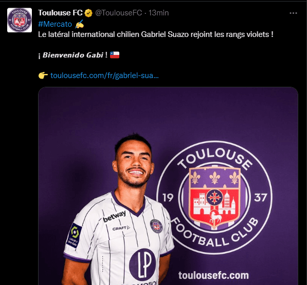 Toulouse hizo oficial el arribo de Gabriel Suazo | Imagen: Captura