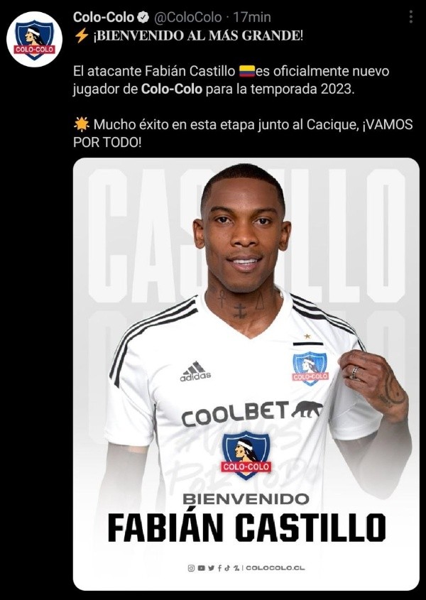 Colo Colo presentó a Fabián Castillo a través de sus redes sociales
