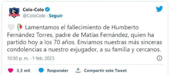 Las condolencias de Colo Colo en Twitter.